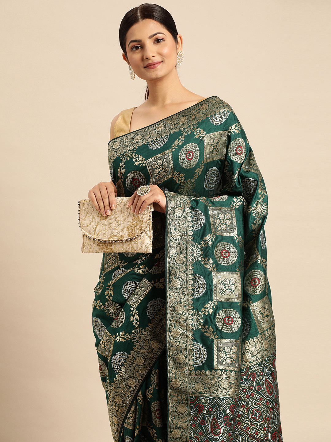 

APPLIX STYLE Ethnic Motifs Zari Banarasi Saree, Green