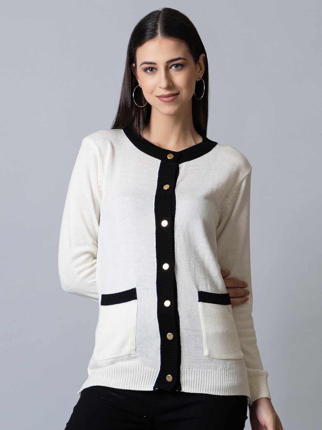

Club York Women Round Neck Long Sleeves Acrylic Cardigan, White