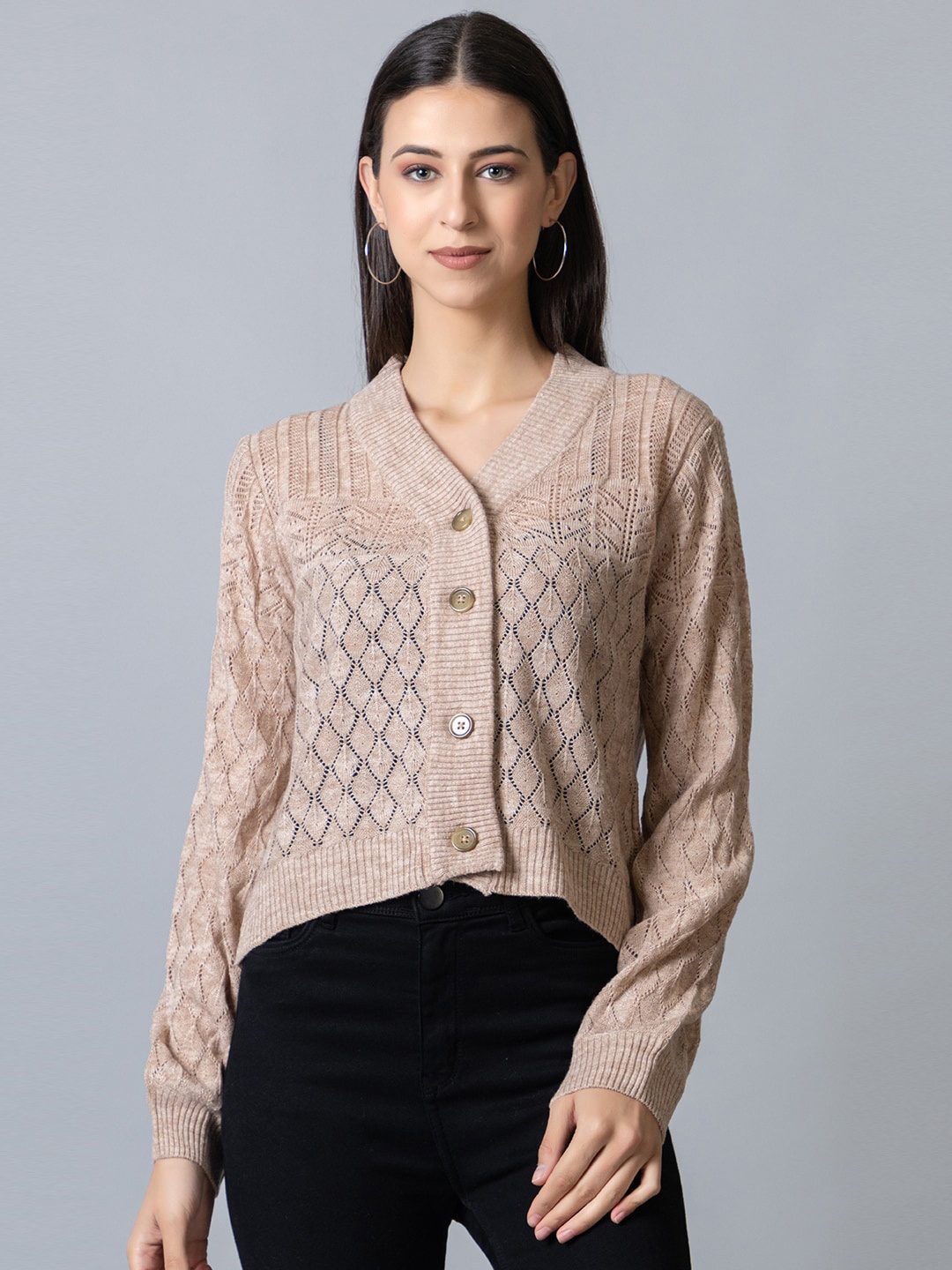 

Club York Women V -Neck Crop Acrylic Cardigan, Beige