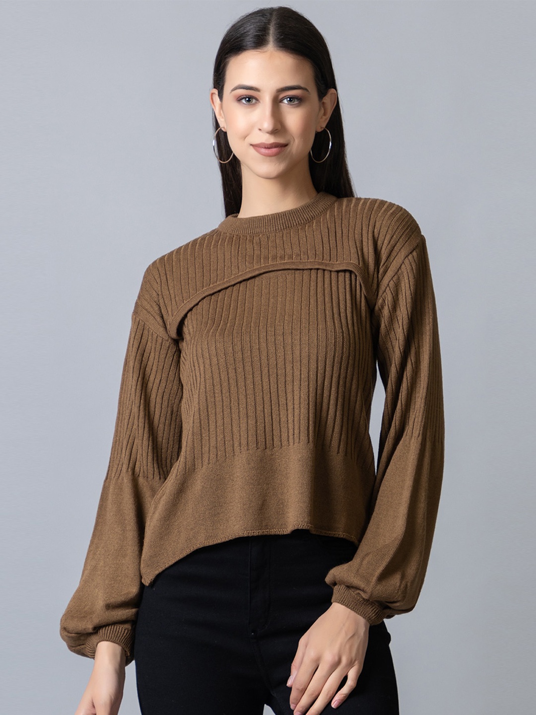 

Club York Women Long Ribbed Sleeves Acrylic Pullover, Brown