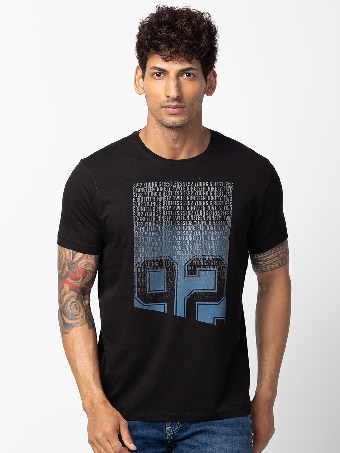 

SPYKAR Men Cotton Typography Printed Slim Fit T-shirt, Black