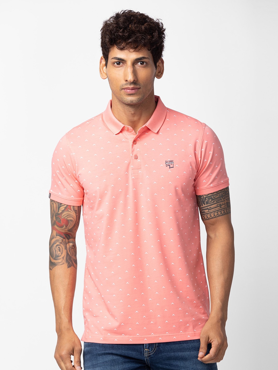 

SPYKAR Men Printed Polo Collar Cotton T-shirt, Pink