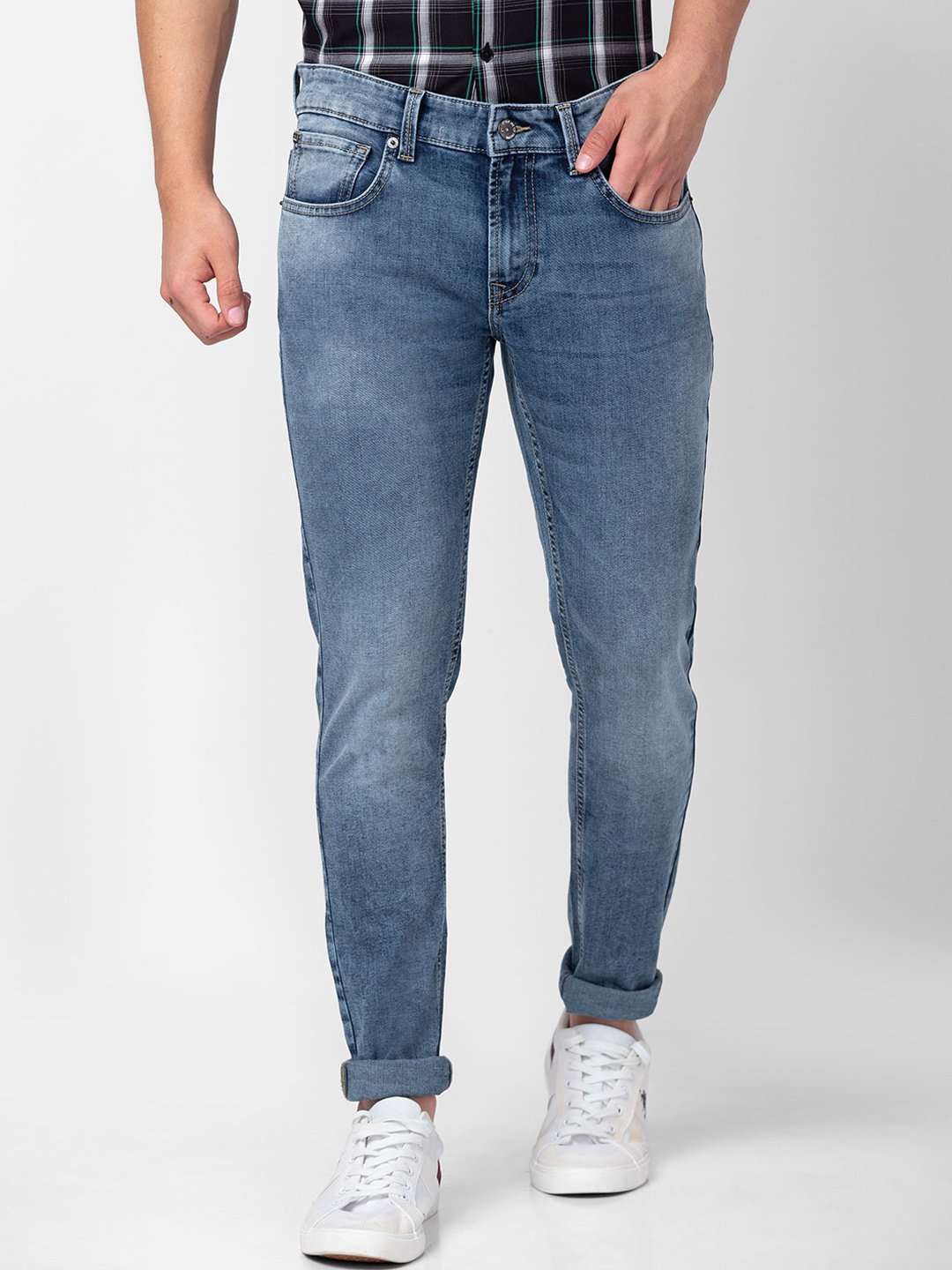 

SPYKAR Men Slim Fit Low-Rise Heavy Fade Stretchable Cotton Jeans, Blue