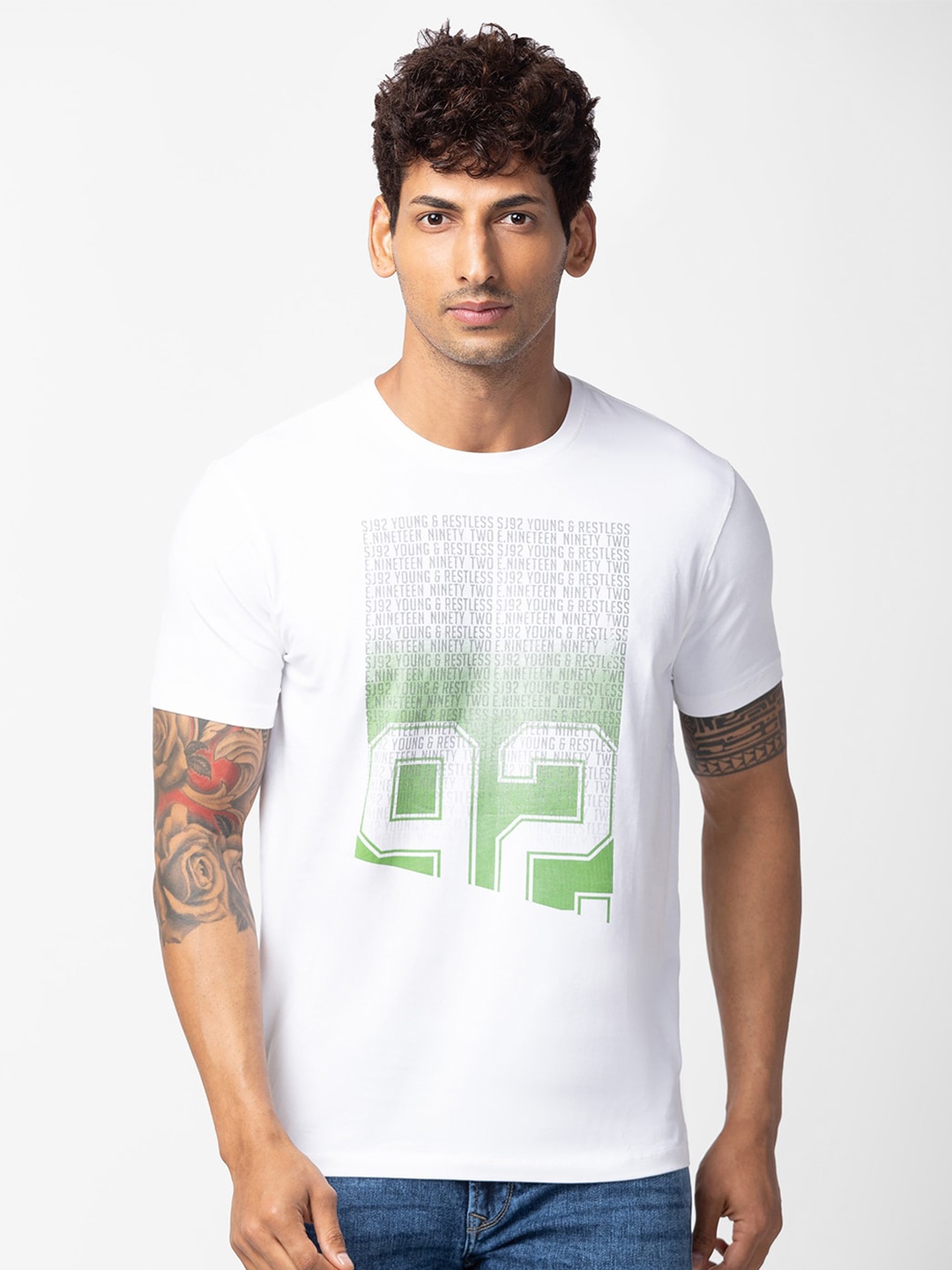 

SPYKAR Men Typography Printed Slim Fit Cotton T-shirt, White