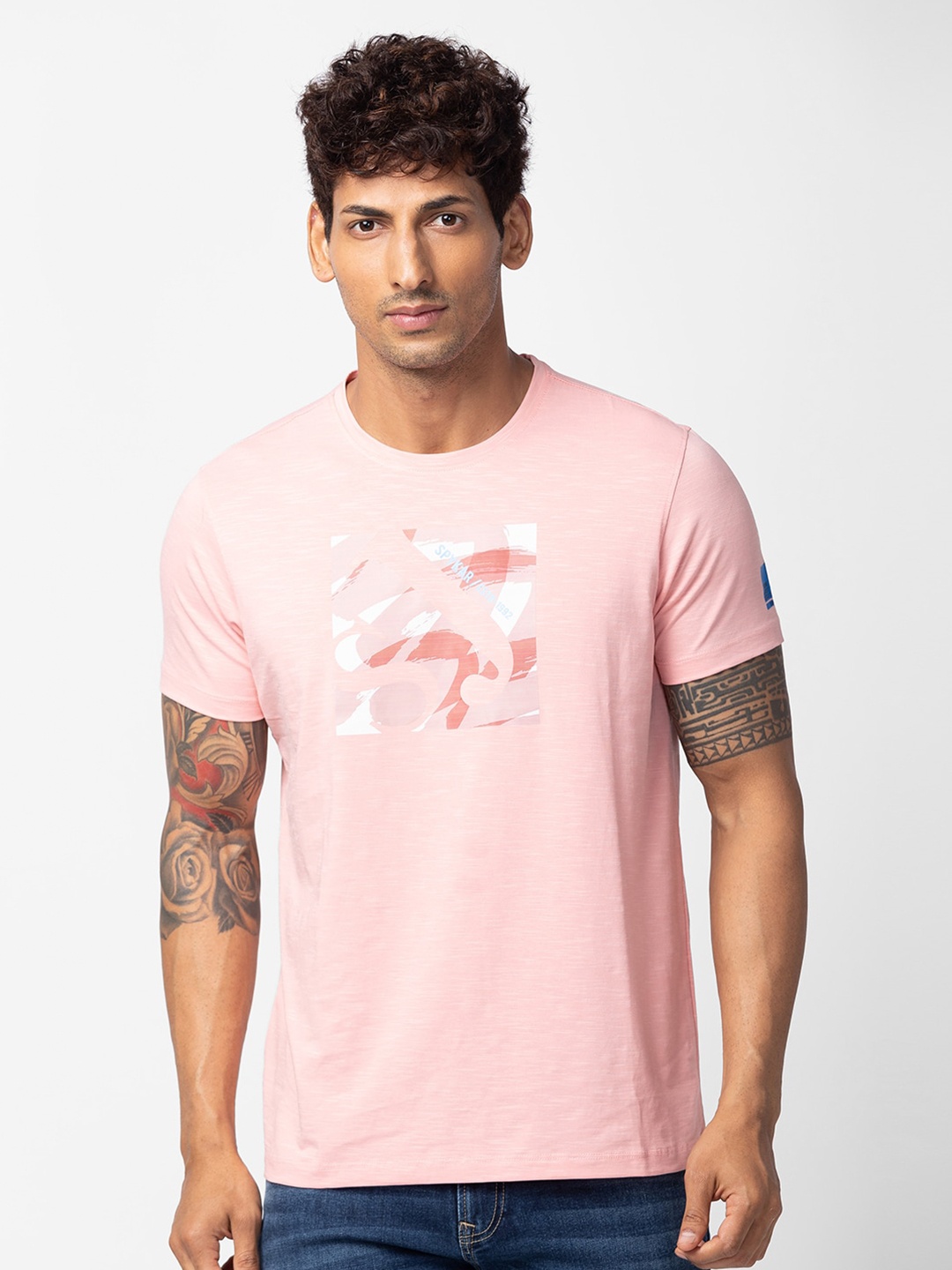 

SPYKAR Men Printed Slim Fit Cotton T-shirt, Pink