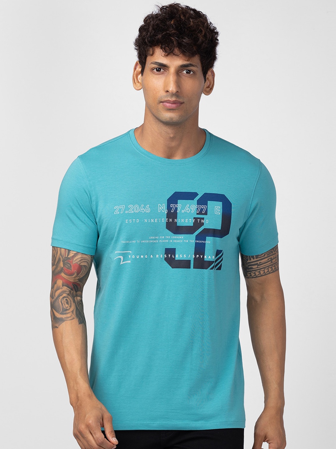 

SPYKAR Men Typography Printed Slim Fit T-shirt, Turquoise blue