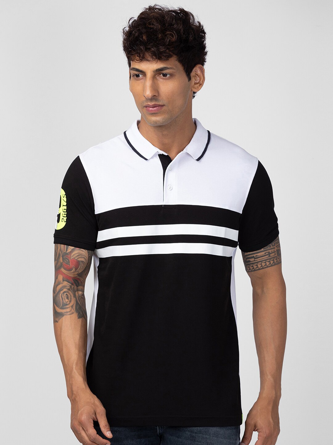 

SPYKAR Men Striped Polo Collar T-shirt, Black