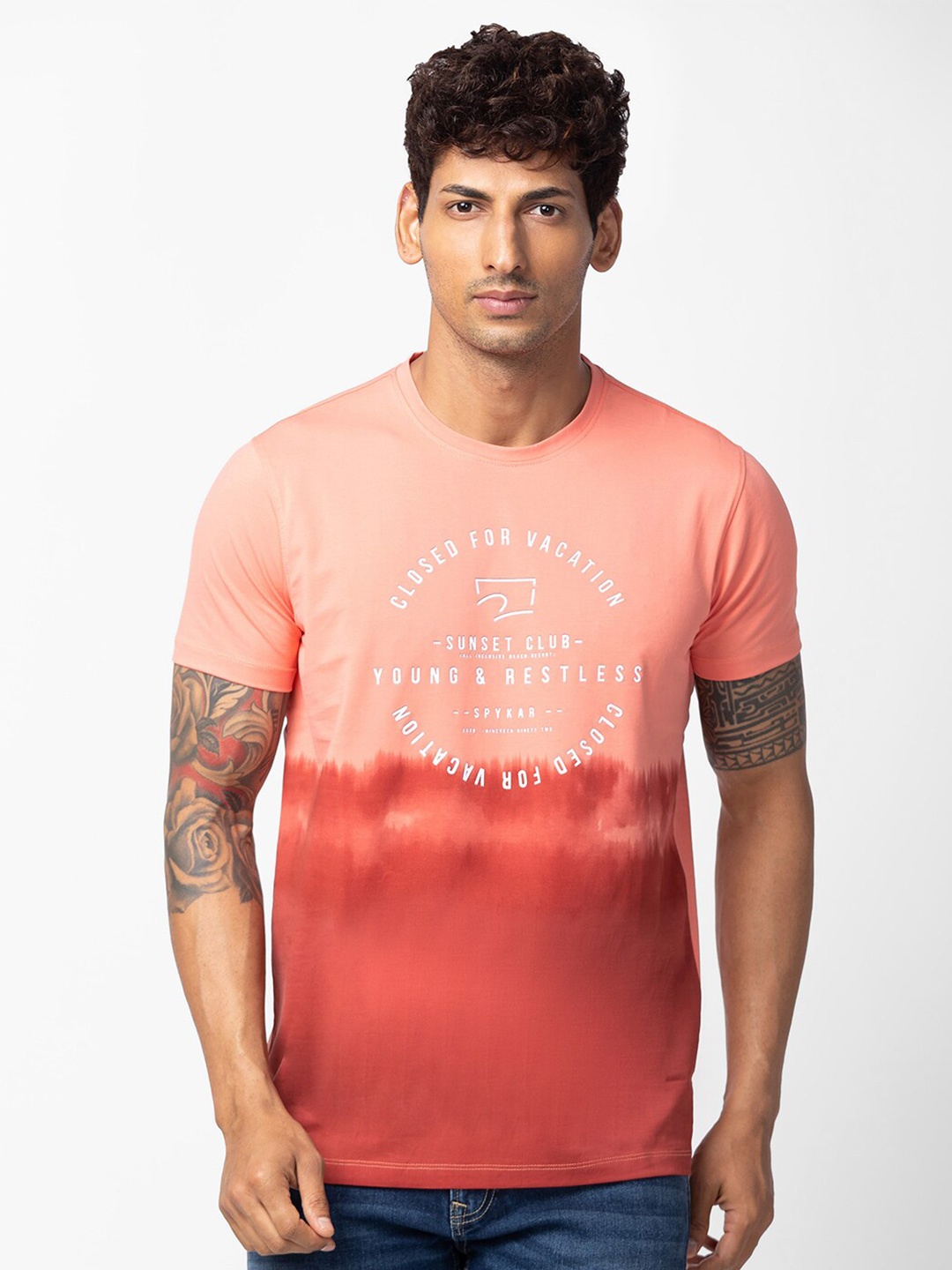 

SPYKAR Men Typography & Dyed Slim Fit Round Neck T-shirt, Peach