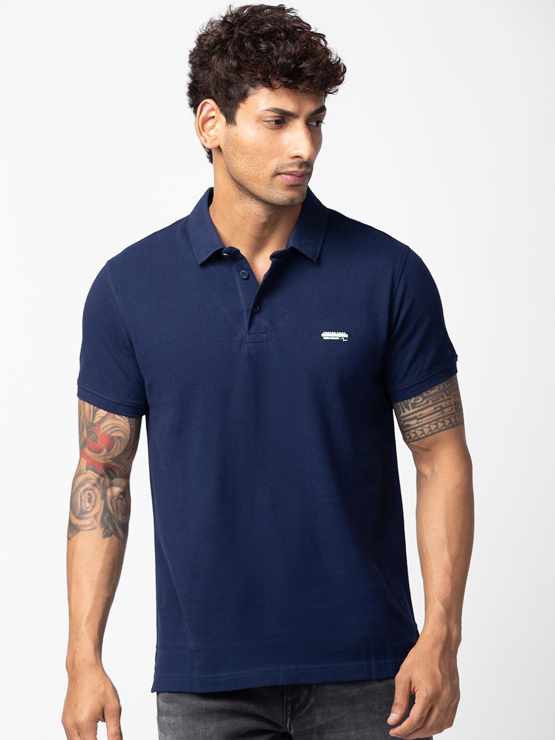 

SPYKAR Men Polo Collar Slim Fit Cotton T-shirt, Navy blue