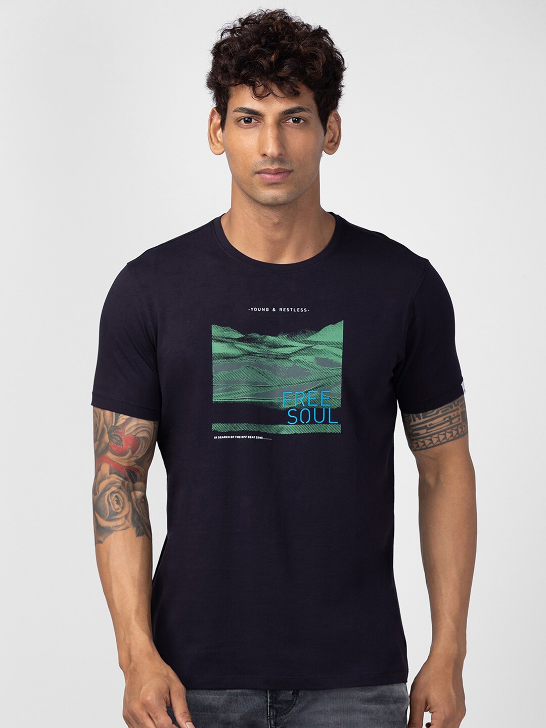 

SPYKAR Men Printed Slim Fit Cotton T-shirt, Navy blue