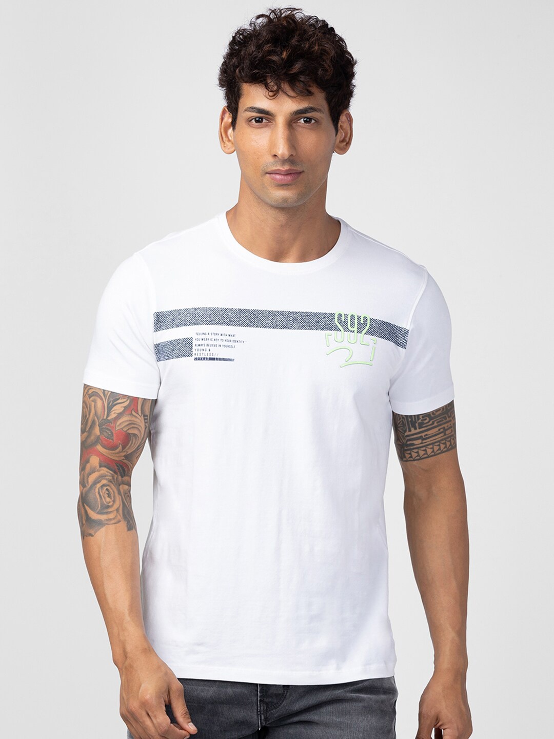 

SPYKAR Men Printed Slim Fit Round Neck T-shirt, White