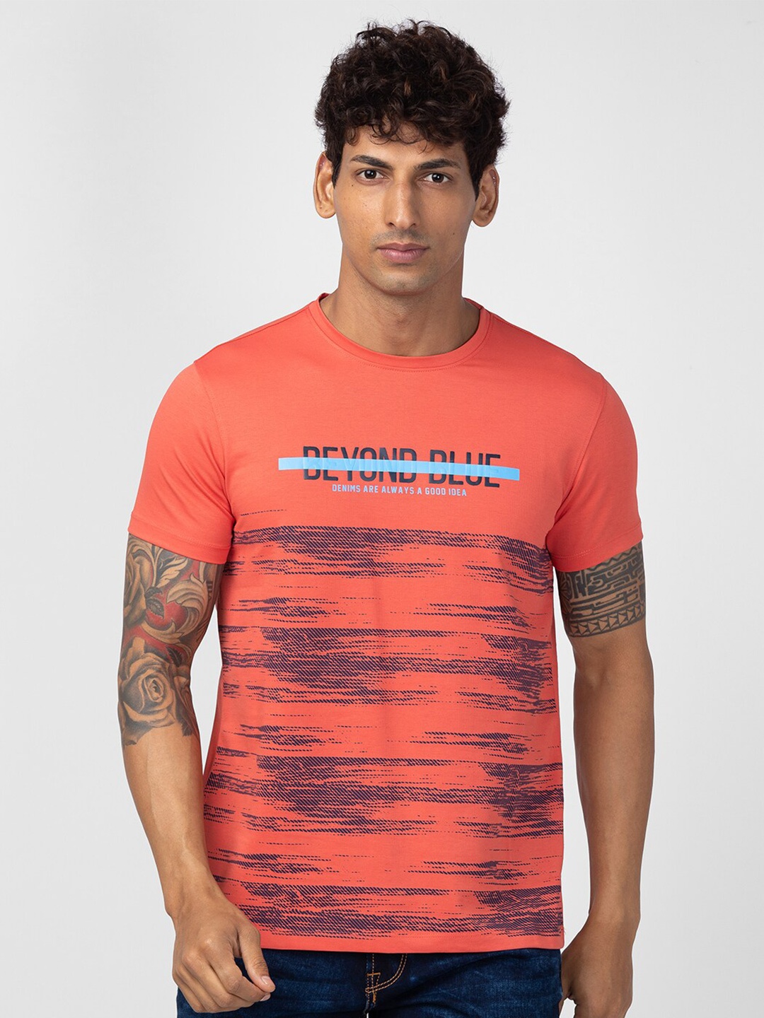 

SPYKAR Men Graphic Printed Slim Fit T-shirt, Coral