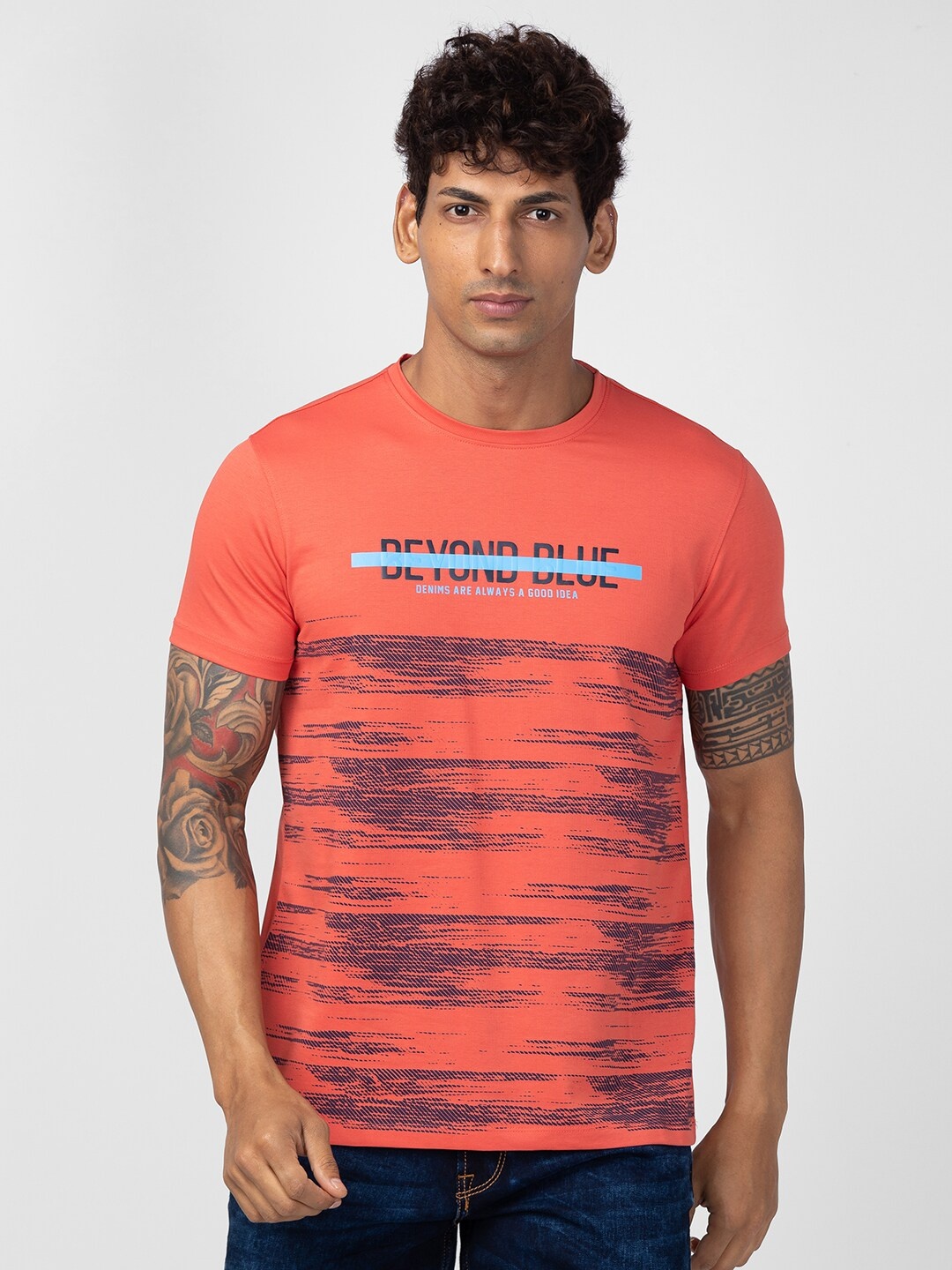 

SPYKAR Men Graphic Printed Slim Fit T-shirt, Coral