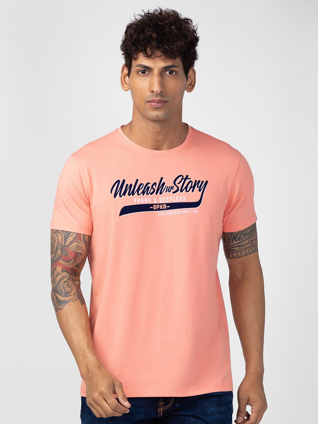 

SPYKAR Men Typography Slim Fit T-shirt, Peach