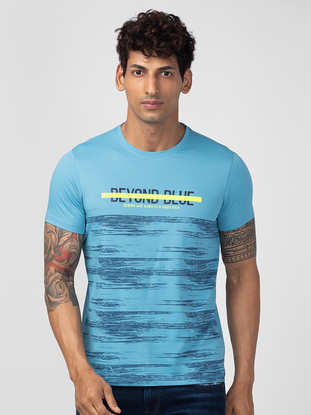 

SPYKAR Men Abstract Printed Cotton T-shirt, Blue