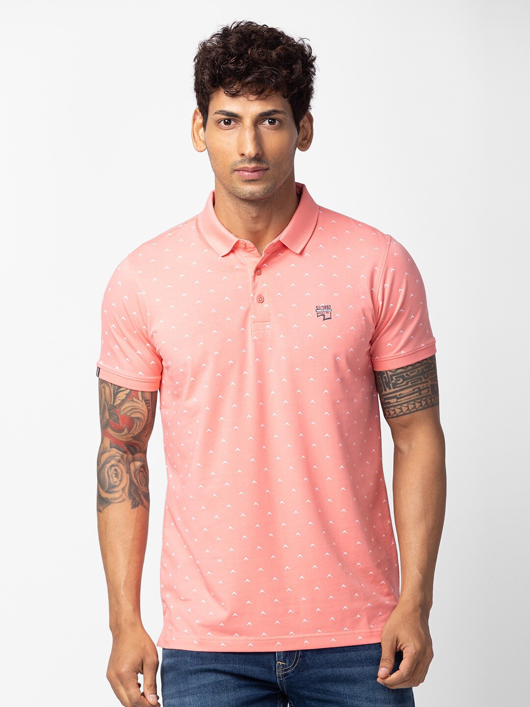 

SPYKAR Men Micro Pattern Abstract Printed Polo Collar Slim Fit T-shirt, Pink
