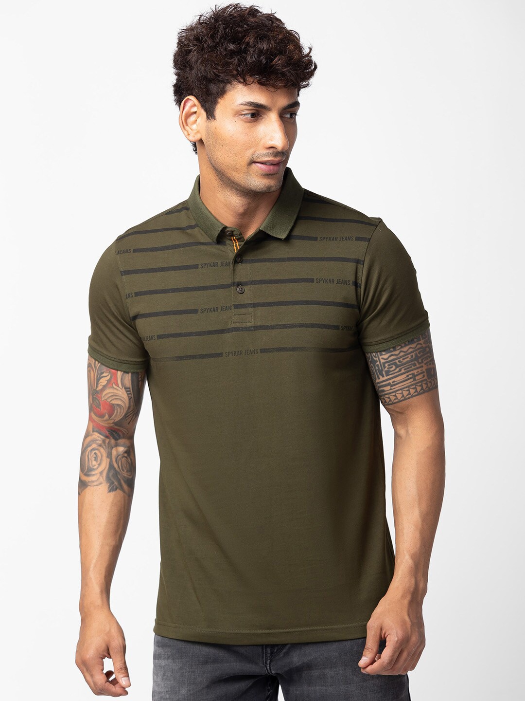 

SPYKAR Men Striped Polo Collar Slim Fit T-shirt, Olive