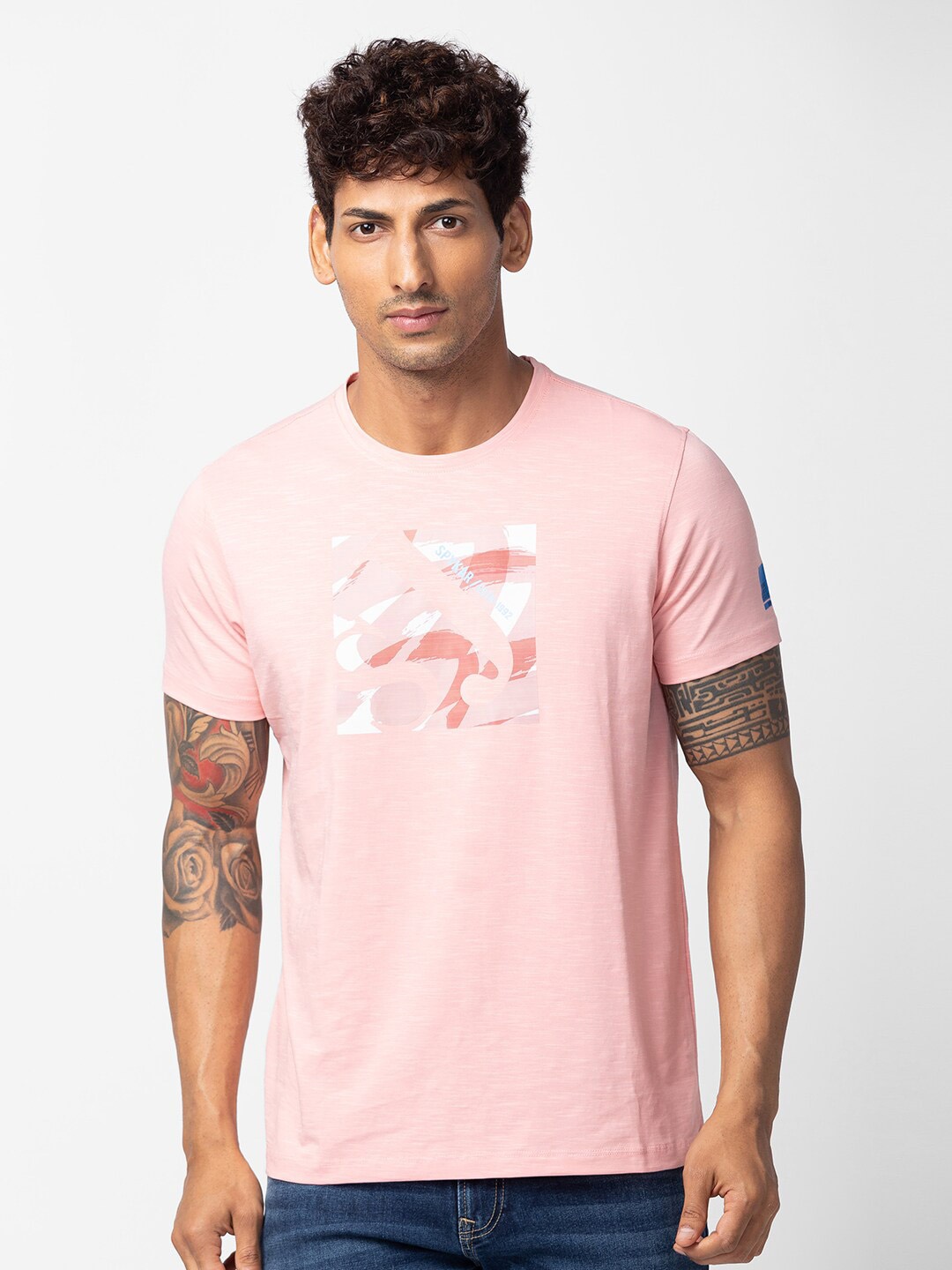 

SPYKAR Men Graphic Printed Slim Fit T-shirt, Pink
