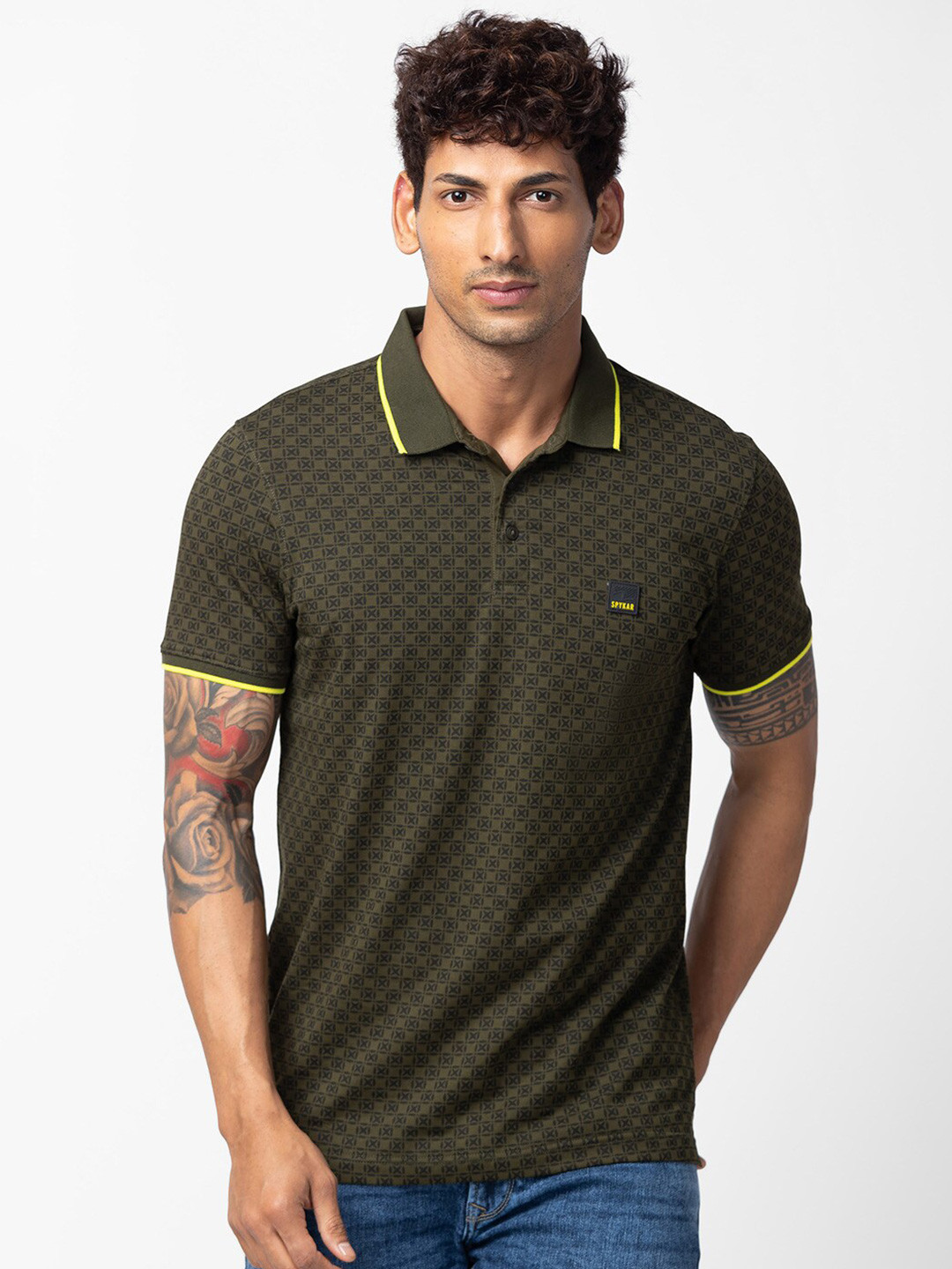 

SPYKAR Men Cotton Printed Polo Collar T-shirt, Green