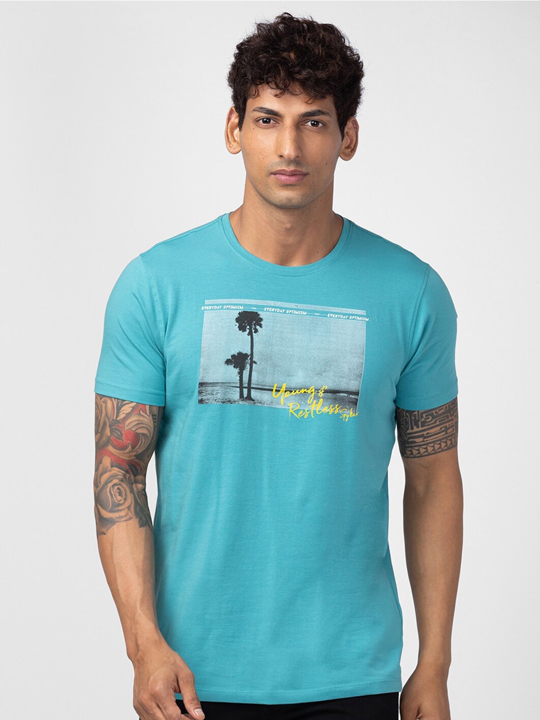 

SPYKAR Men Cotton Printed T-shirt, Turquoise blue