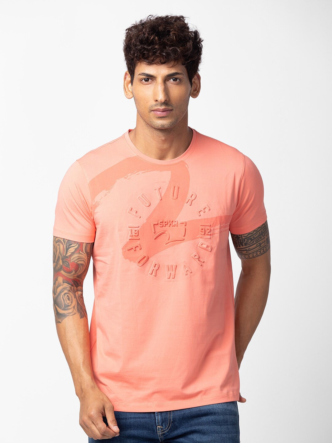 

SPYKAR Men Cotton Typography Printed T-shirt, Peach