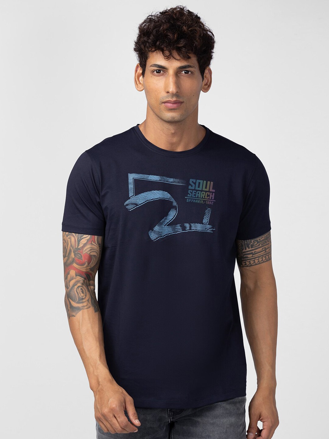 

SPYKAR Men Typography Printed Cotton T-shirt, Navy blue