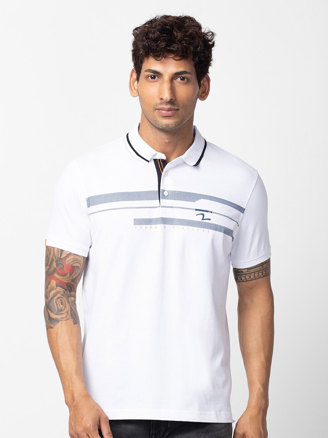 

SPYKAR Men Striped Polo Collar Cotton T-shirt, White