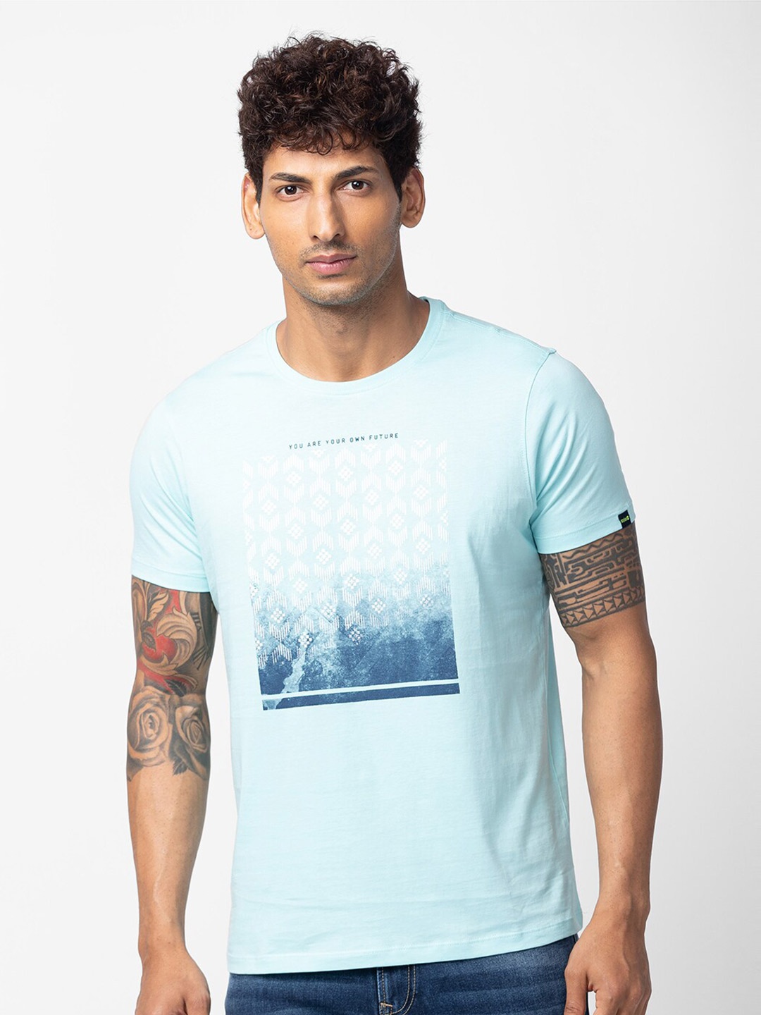 

SPYKAR Men Printed Cotton T-shirt, Blue