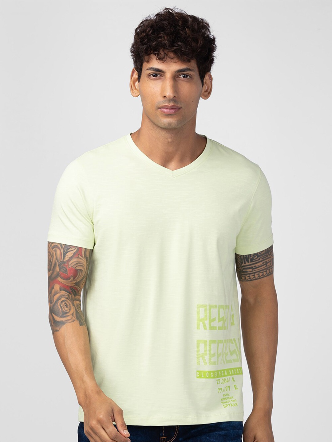 

SPYKAR Men Typography Printed V-Neck Cotton T-shirt, Lime green