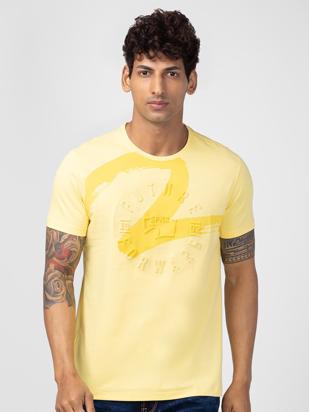 

SPYKAR Men Typography Printed Cotton T-shirt, Yellow