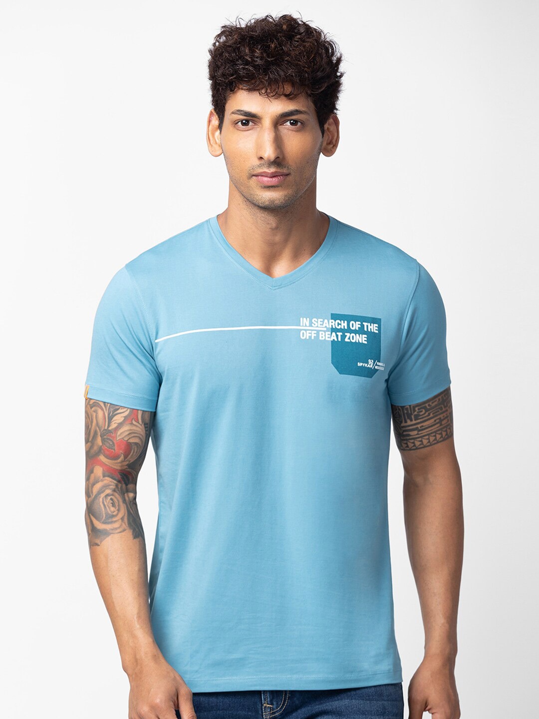 

SPYKAR Men Typography Printed V-Neck Cotton T-shirt, Blue