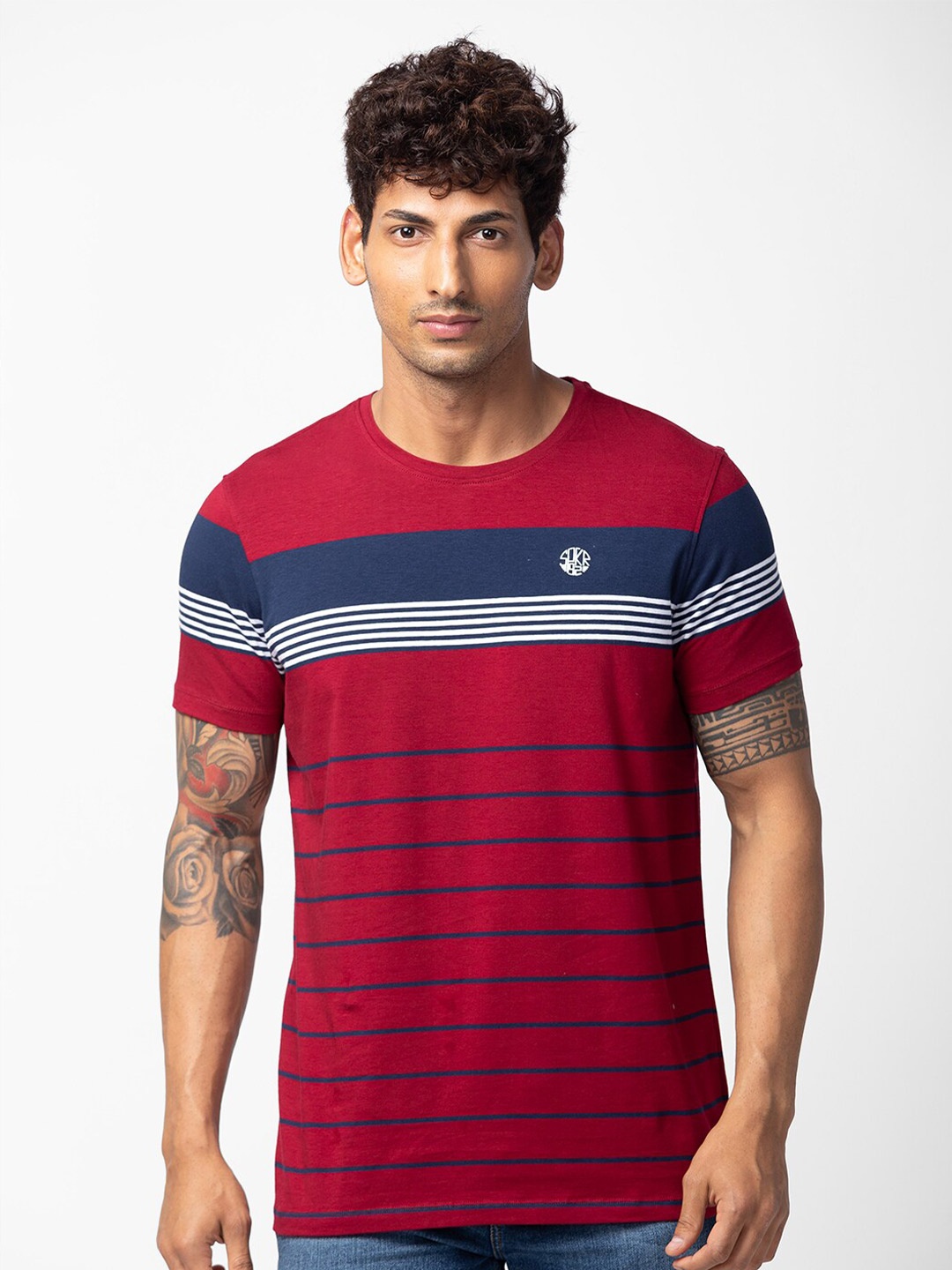 

SPYKAR Men Striped Slim Fit Cotton T-shirt, Red