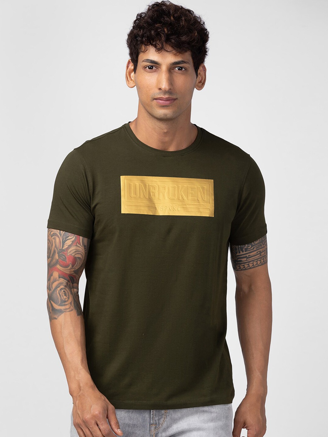

SPYKAR Men Typography Printed Slim Fit T-shirt, Green