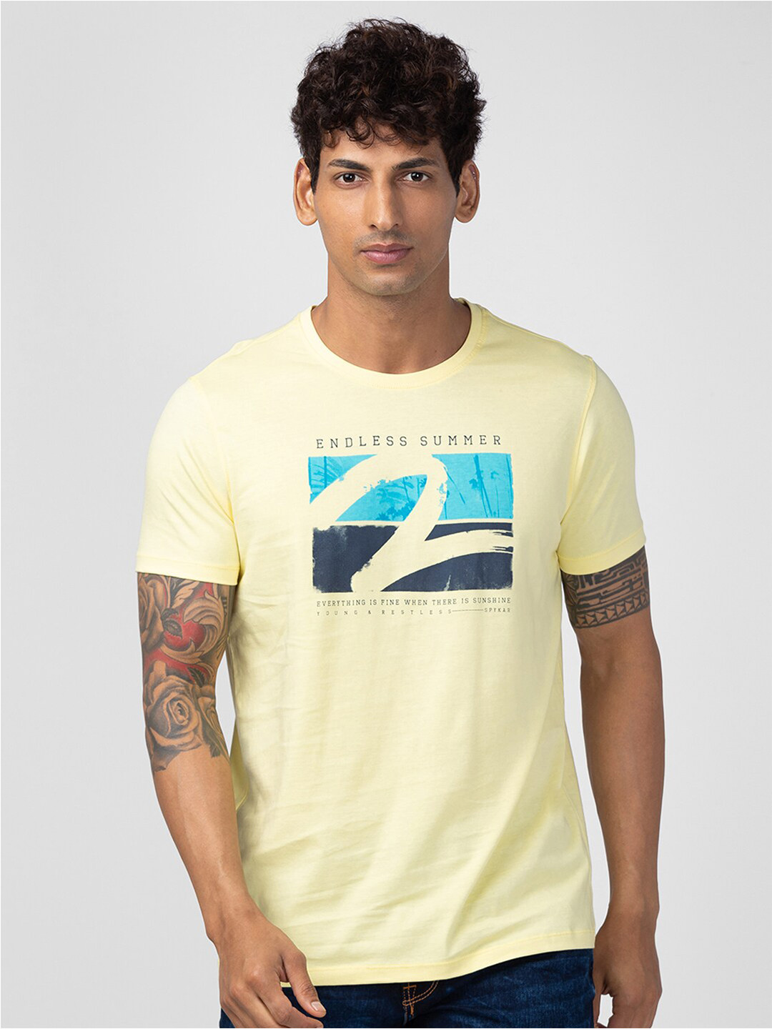 

SPYKAR Men Printed Slim Fit Cotton T-shirt, Yellow