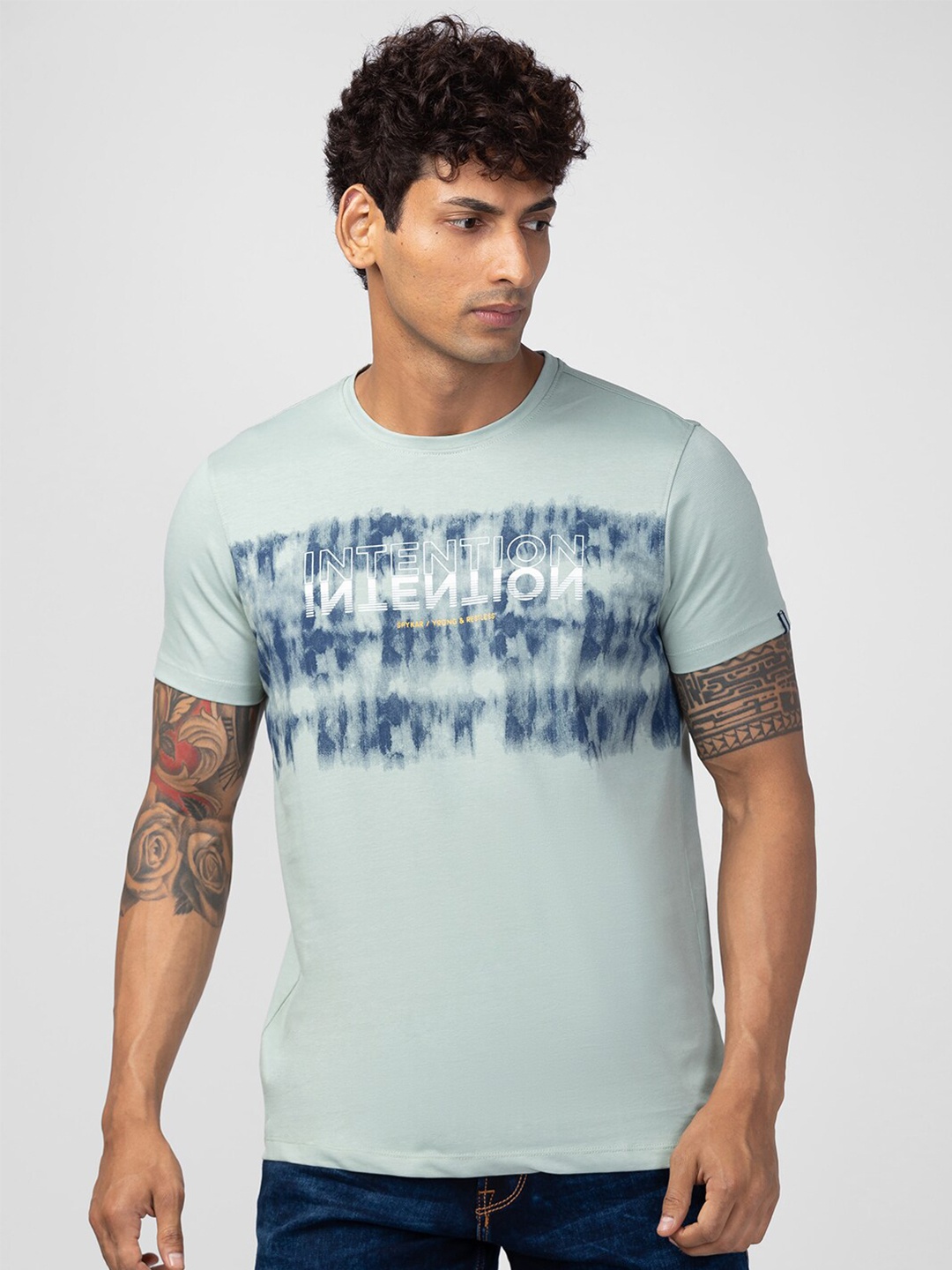 

SPYKAR Men Printed Round Neck Slim Fit T-shirt, Sea green