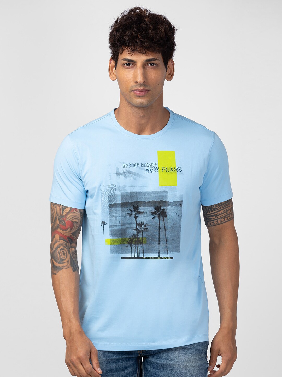 

SPYKAR Men Printed Round Neck Slim Fit T-shirt, Blue