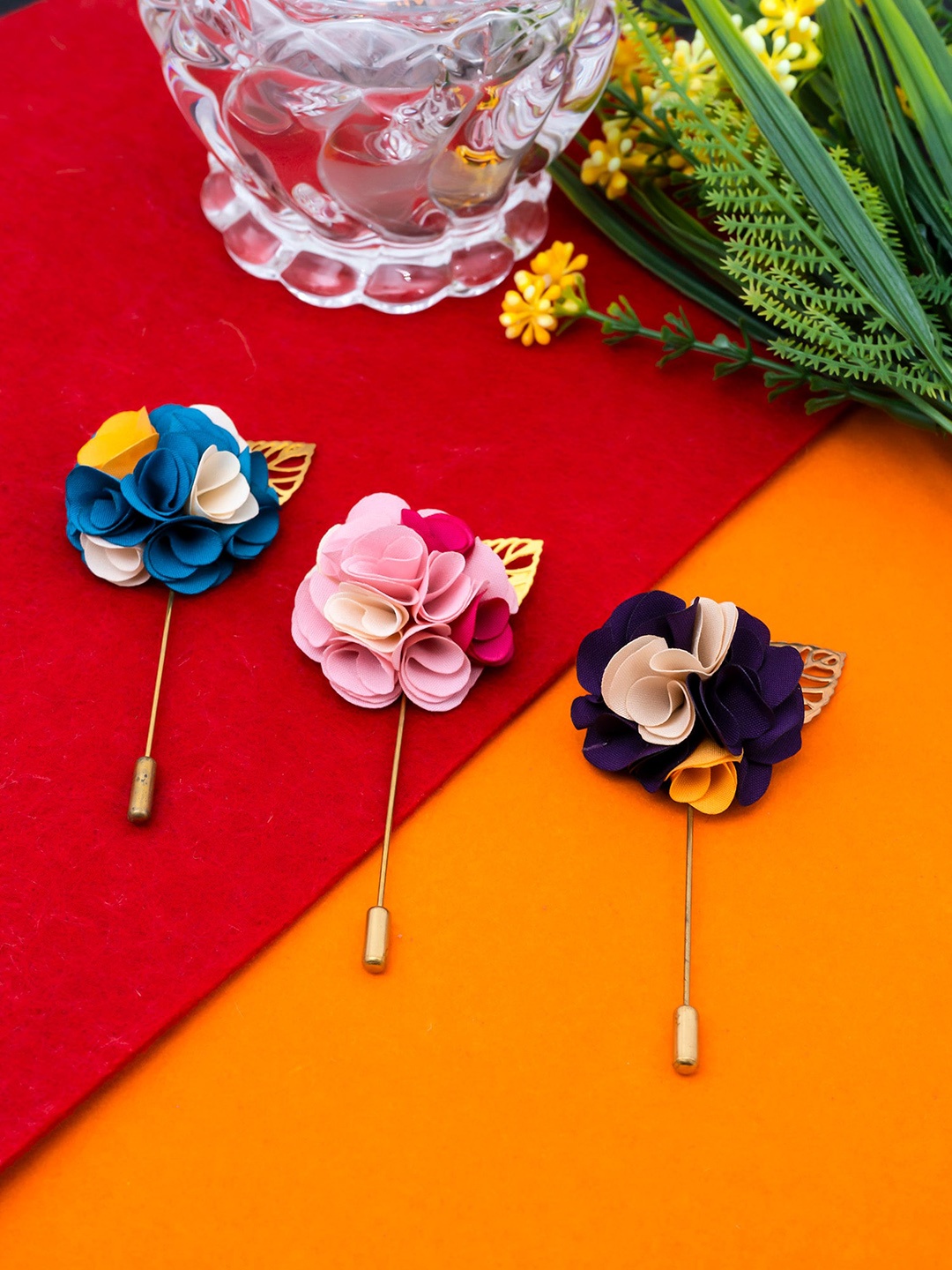 

Yellow Chimes Men Set Of 3 Floral Brooch Lapel pin, Pink