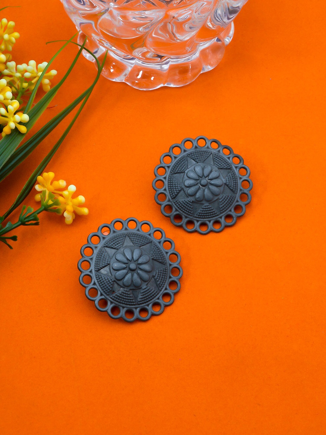

Yellow Chimes Oxidised Circular Studs Earrings, Silver
