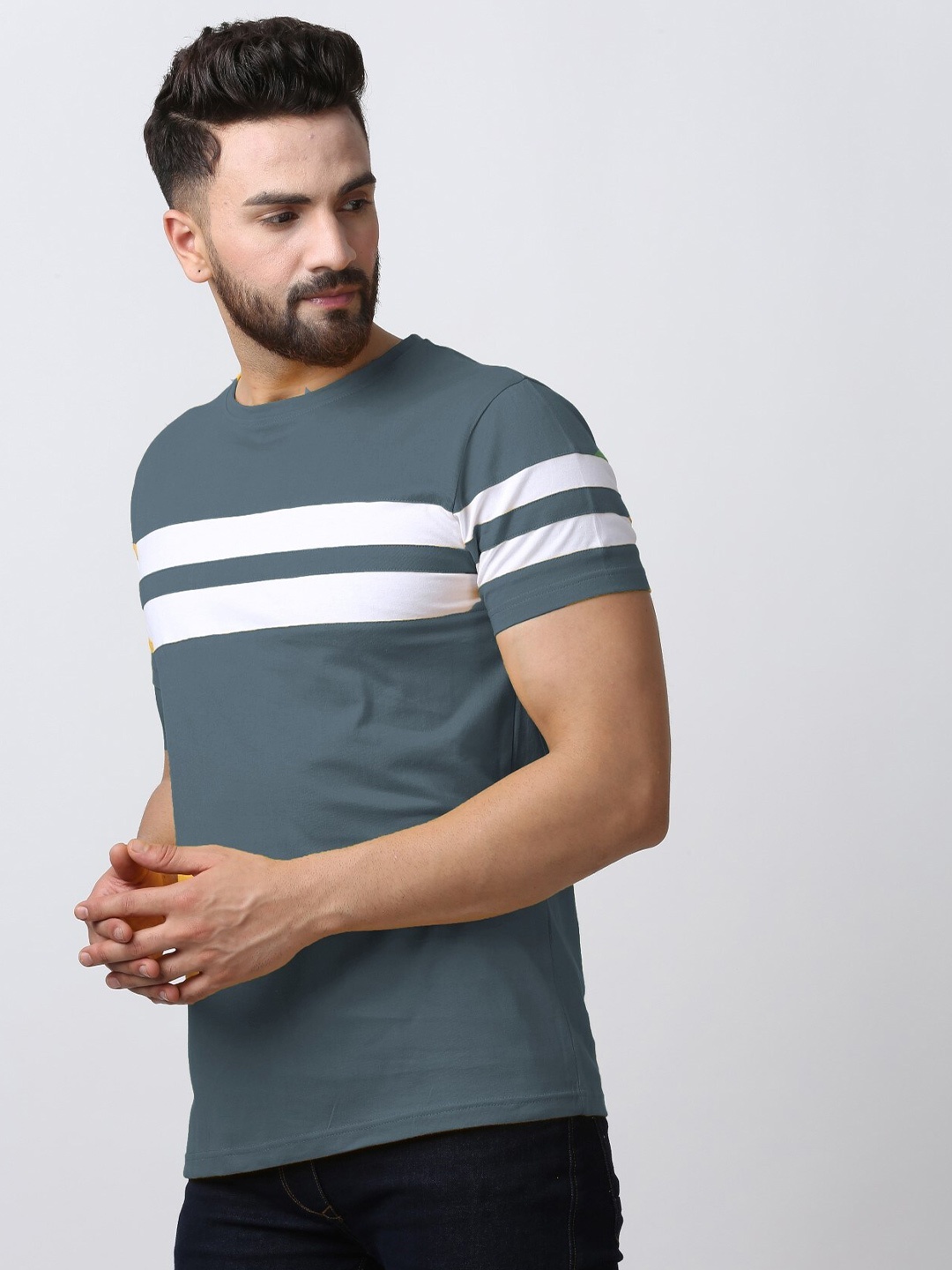 

Rodzen Men Striped Pure Cotton T-shirt, Steel