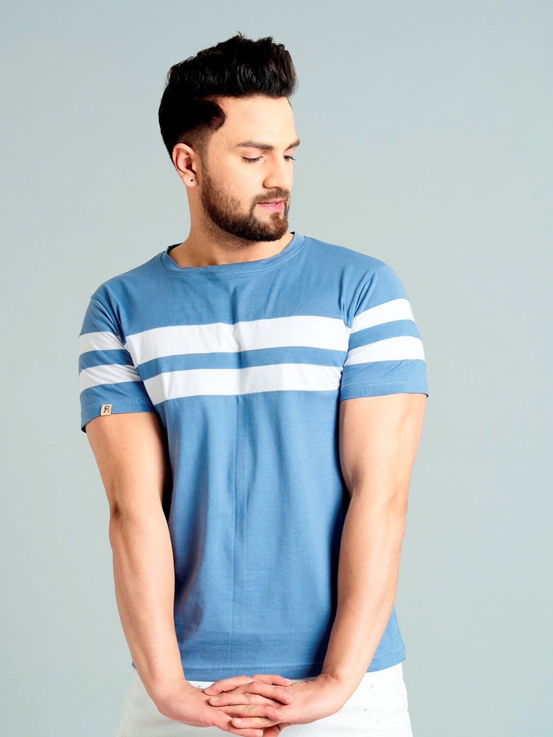 

Rodzen Men Striped Pure Cotton T-shirt, Blue