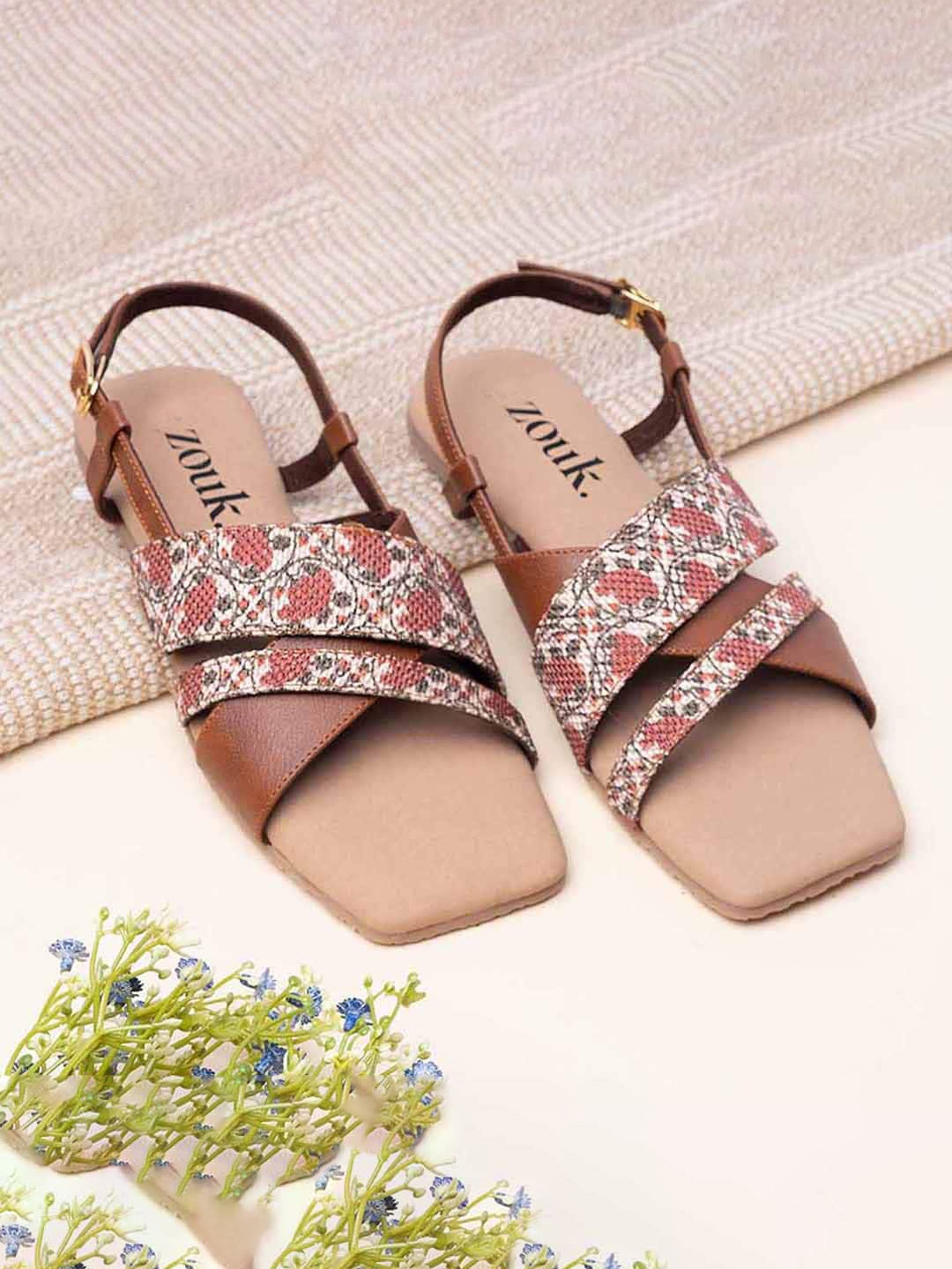 

ZOUK Women Printed Open Toe Flats, Brown