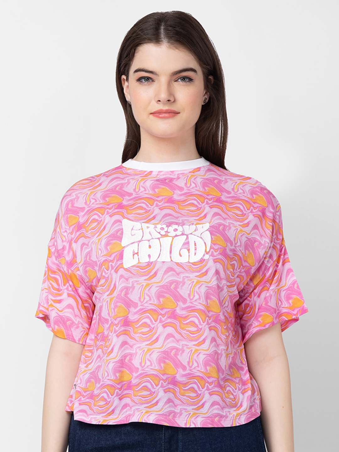 

SPYKAR Women Printed Drop-Shoulder Sleeves Cotton T-shirt, Pink