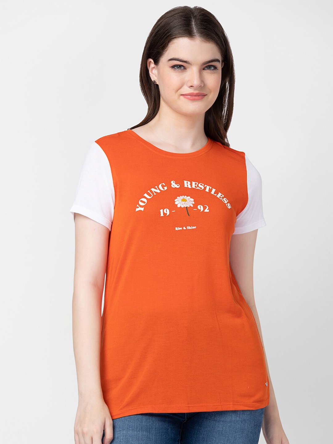 

SPYKAR Women Typography Printed Slim Fit T-shirt, Orange