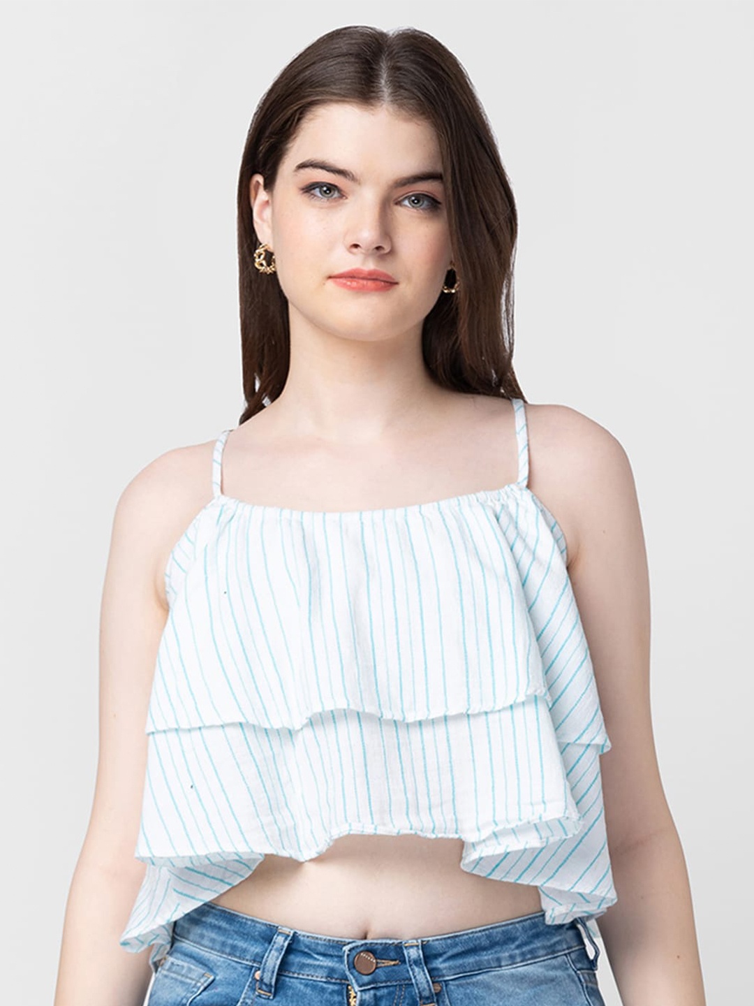 

SPYKAR Striped Layered Tiered Crop Top, White