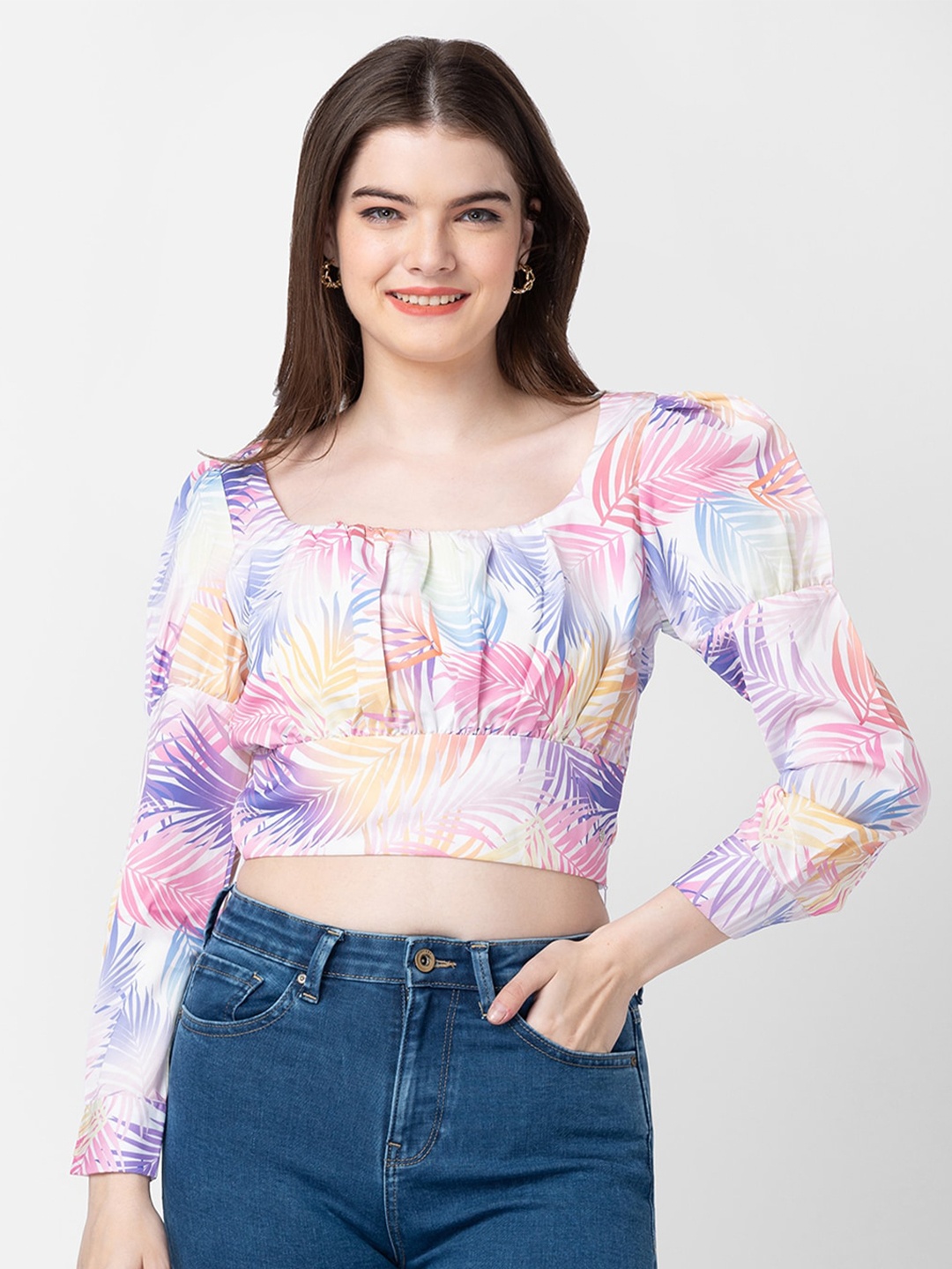 

SPYKAR Tropical Printed Cotton Crop Top, Pink