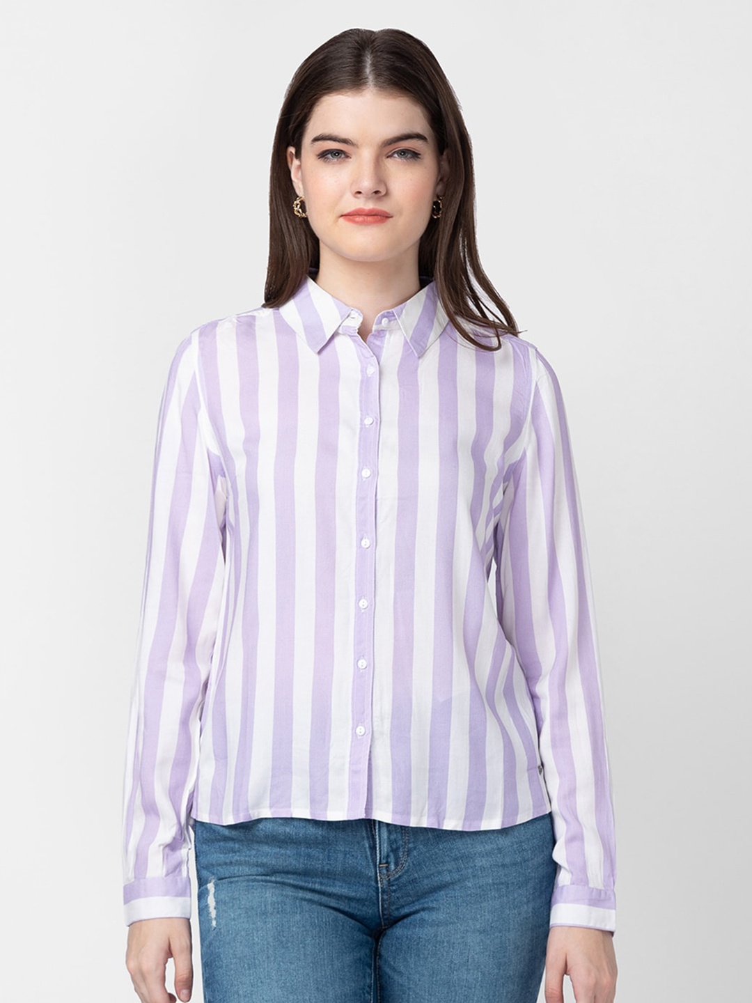 

SPYKAR Women Slim Fit Striped Casual Cotton Shirt, Lavender