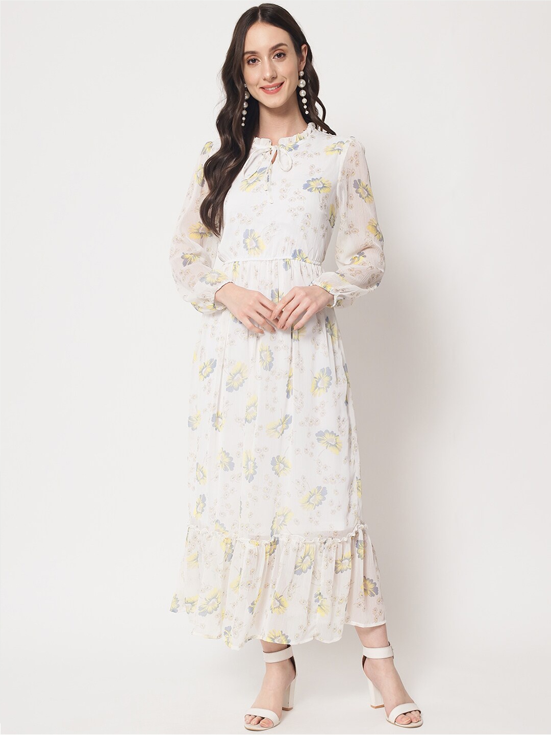 

HERE&NOW Floral Tie-Up Neck Chiffon Maxi Dress, Off white