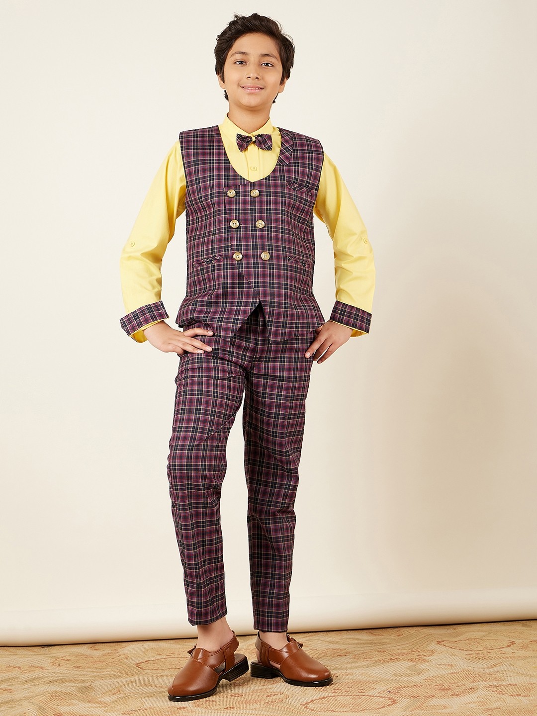 

Aj DEZInES Boys 3 Piece Checked Suit Set, Purple