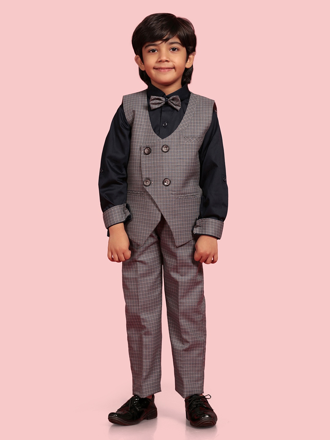 

Aj DEZInES Boys Checked Regular Fit 3 Piece Suit Set, Grey