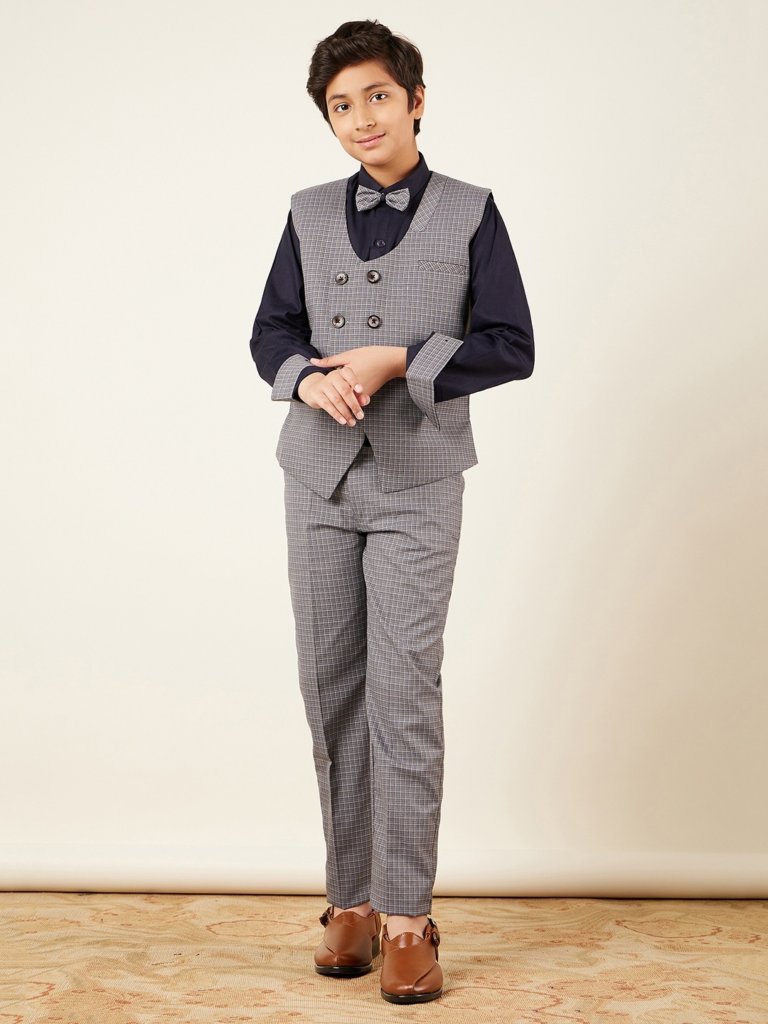 

Aj DEZInES Boys Checked Regular Fit 3 Piece Suit Set, Grey